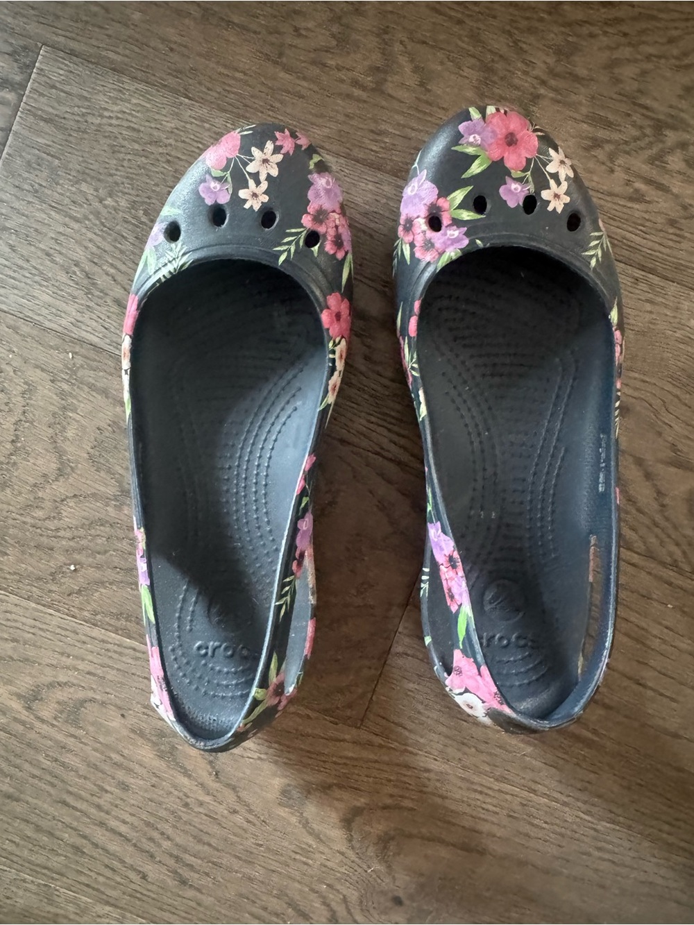 CROCS Black Floral Ballet Flats with Pink & Purple Blooms